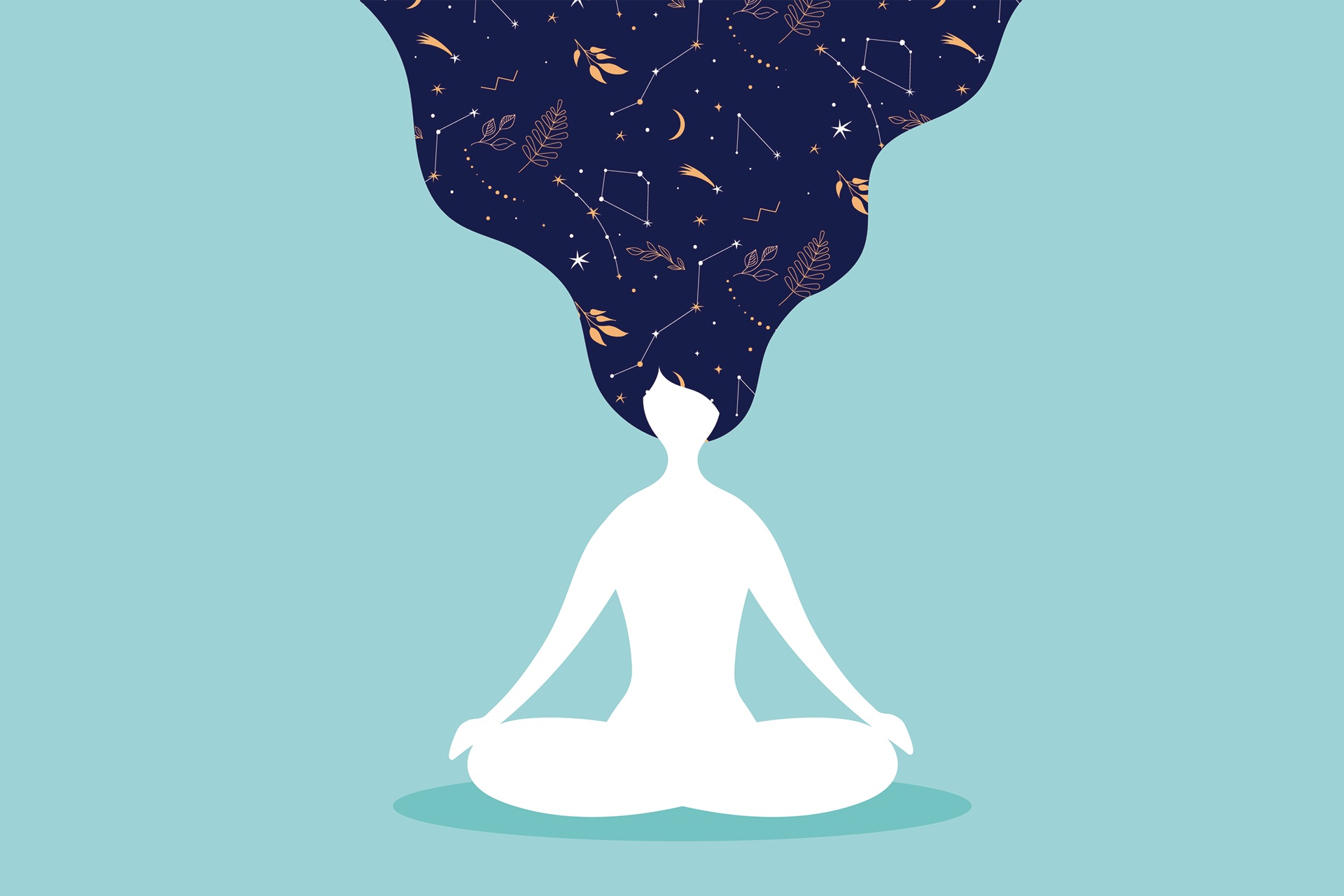 مدیتیشن زن سفید کارتونی با موهای بالا رفته پر از خیال